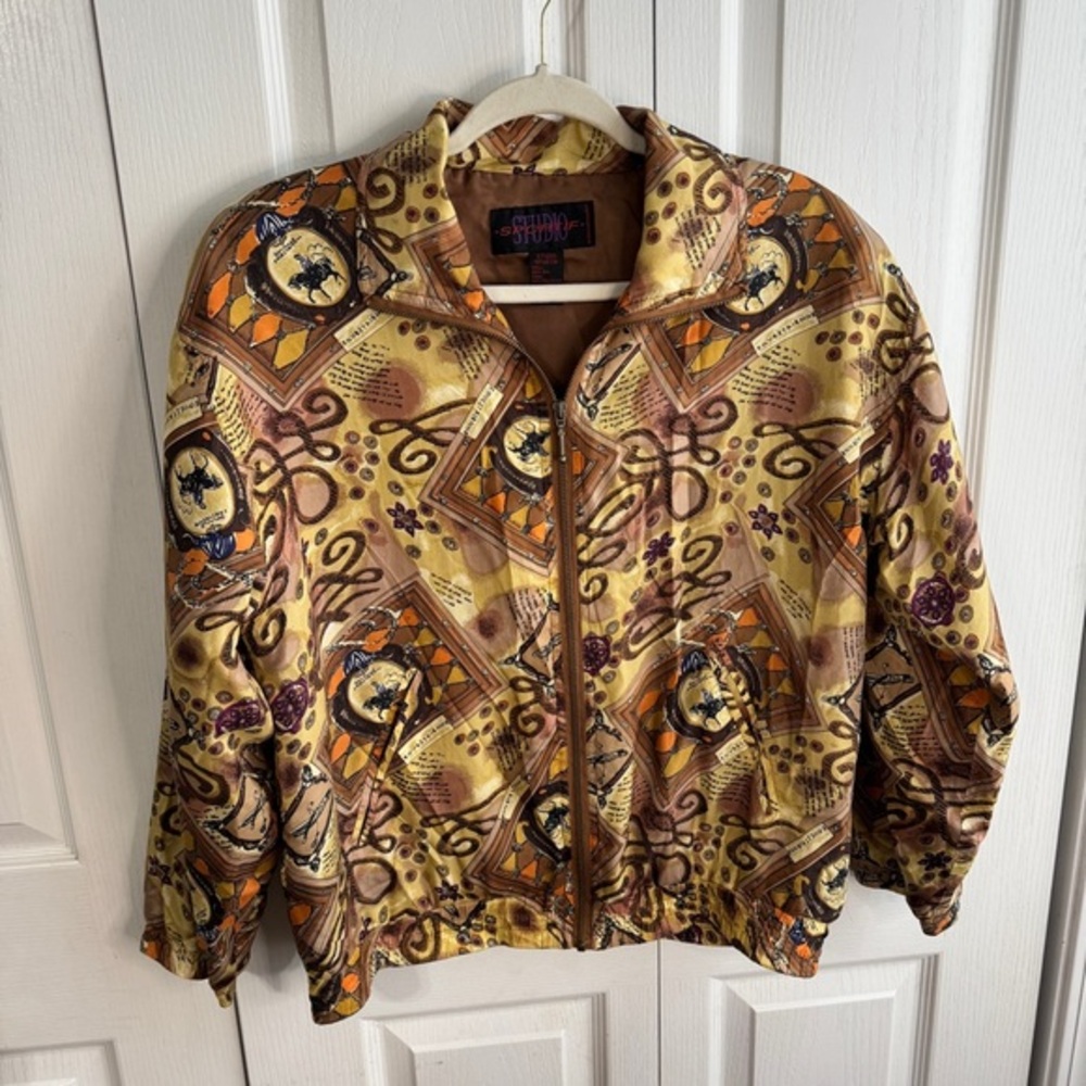 Vintage Studio Sportif‎ Silk Bomber Jacket Equestrian Horses Women's Size Small